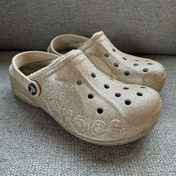 CROCS Other - Crocs Metallic Sparkly Gold Fleece Lined Slippers On Shoes Big Girls Size 3